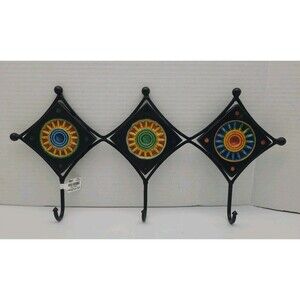 Pier 1 Imports Colorful Tile Wall Hooks Hanger Coat Towel Hat Storage 17" x 8"